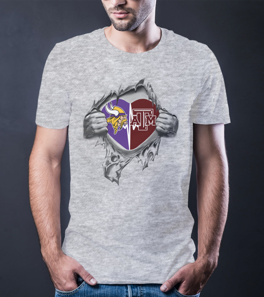 Vikings Texas A&M Aggies Heart With Logos Hidden Inside Ripped T-Shirt