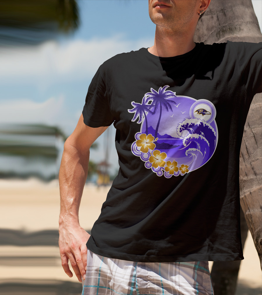 Baltimore Ravens Happy Holidays Tropical Paradise With Wave And Flowers T-Shirt