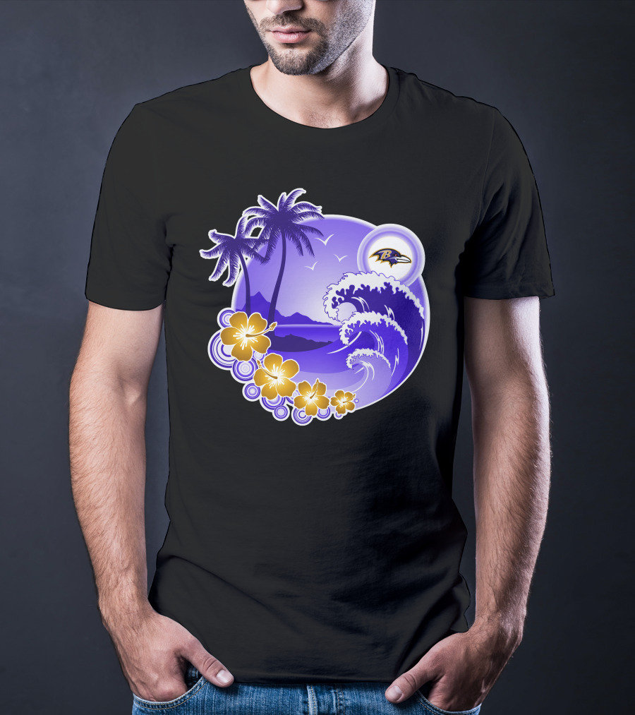 Baltimore Ravens Happy Holidays Tropical Paradise With Wave And Flowers T-Shirt