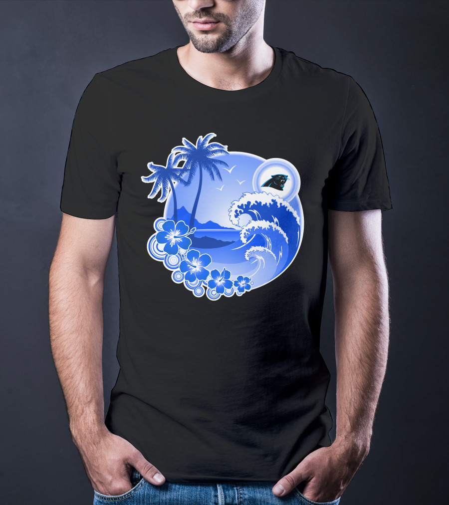 Carolina Panthers Happy Holidays Tropical Wave And Palm Trees T-Shirt