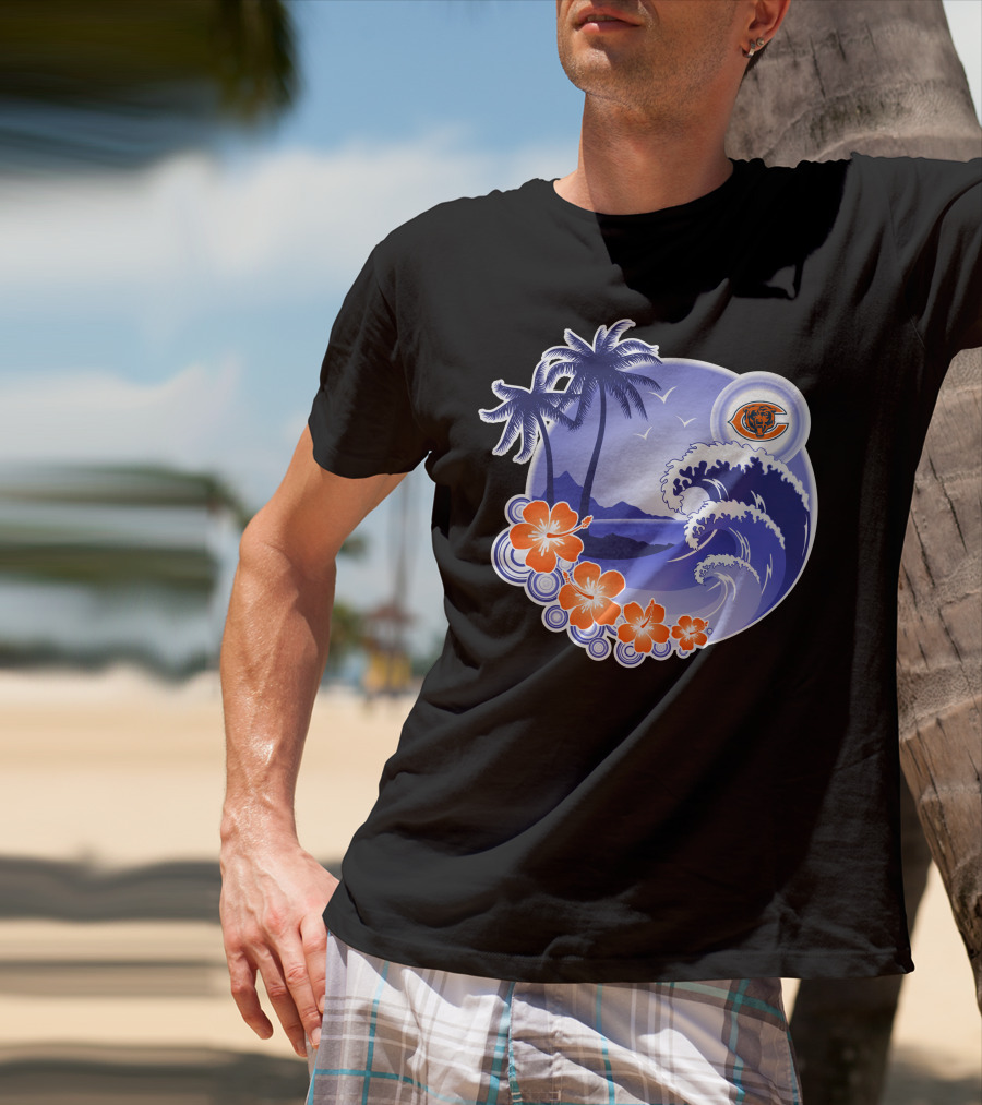Chicago Bears Happy Holidays Palm Trees And Ocean Wave T-Shirt