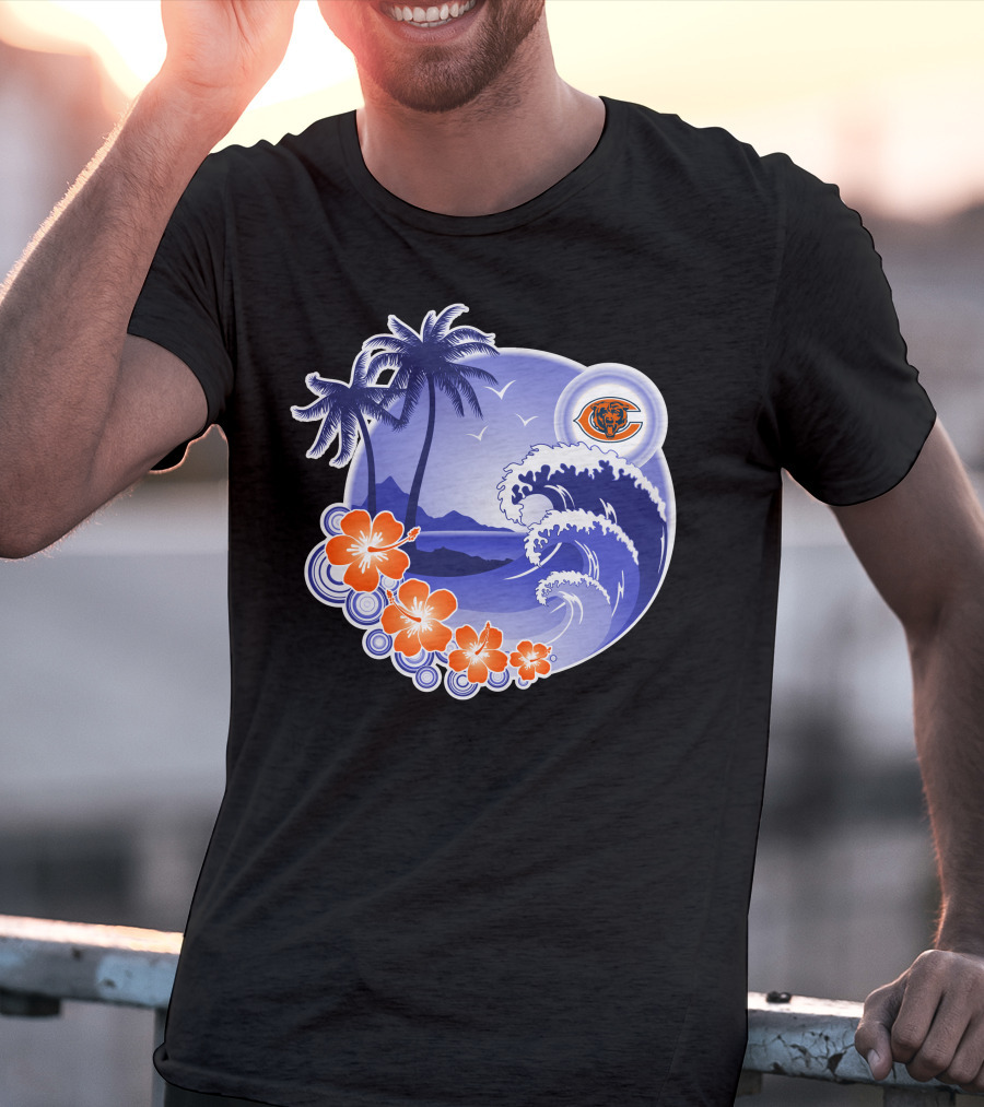 Chicago Bears Happy Holidays Palm Trees And Ocean Wave T-Shirt
