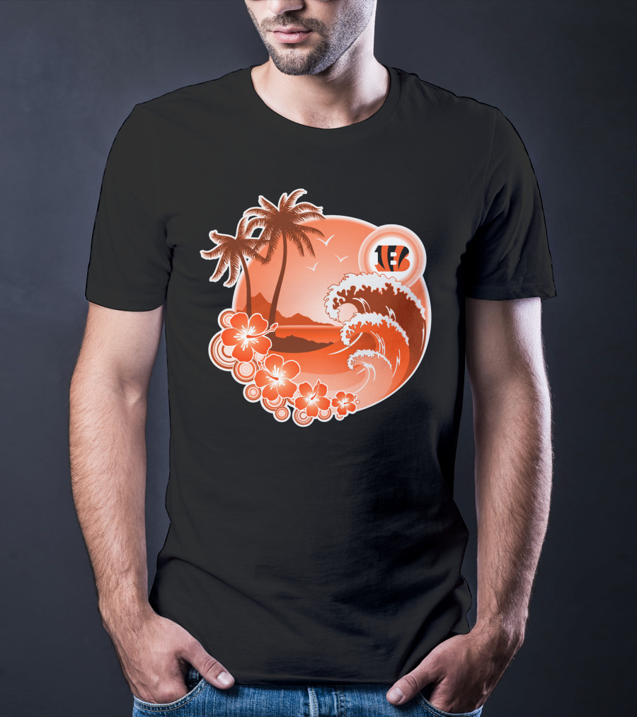 Cincinnati Bengals Holiday Hawaiian Beach Wave And Palm Flowers T-Shirt