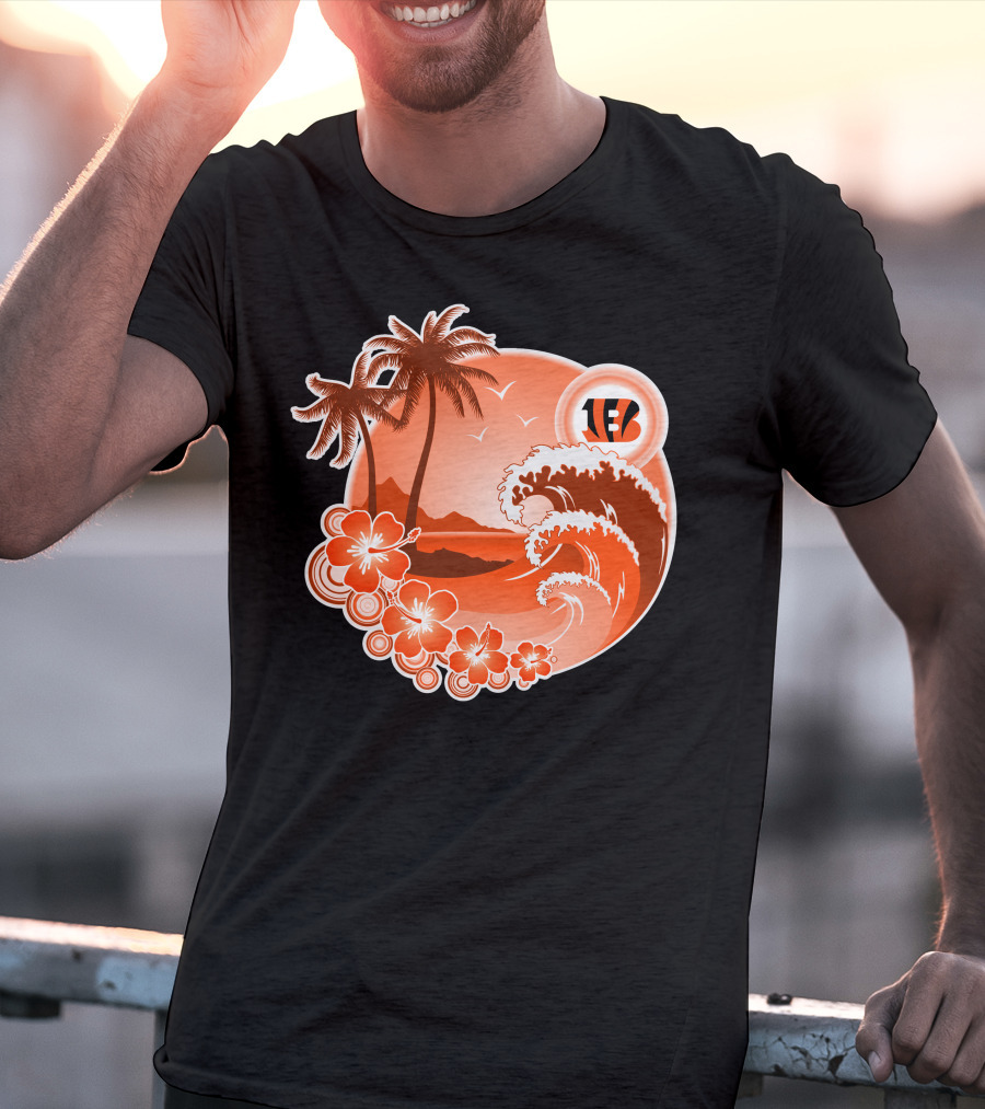 Cincinnati Bengals Holiday Hawaiian Beach Wave And Palm Flowers T-Shirt