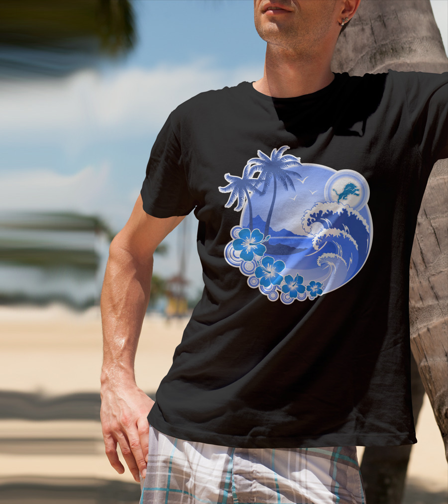 Detroit Lions Happy Holidays Tropical Wave And Palm Trees T-Shirt