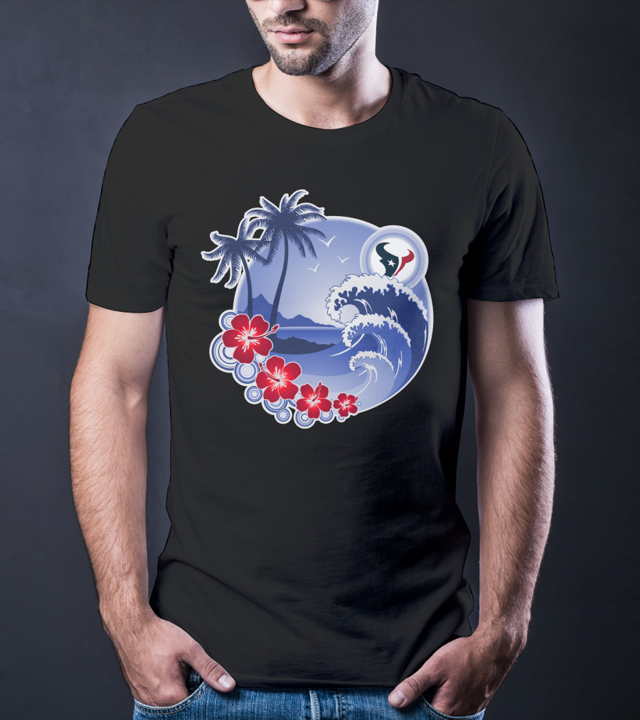 Houston Texans Happy Holidays Tropical Floral Beach Waves T-Shirt
