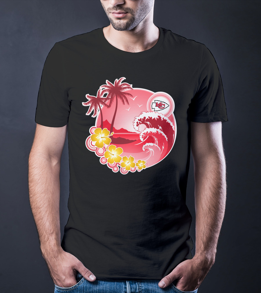 Kansas City Chiefs Happy Holidays Beach Wave Palm Trees Flowers Red T-Shirt