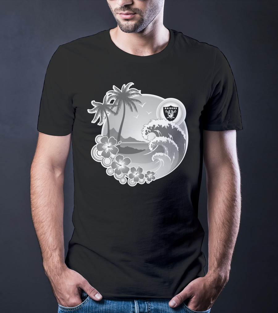 Las Vegas Raiders Happy Holidays Beach Scene With Palm Trees And Waves T-Shirt