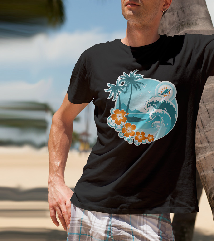 Miami Dolphins Happy Holidays Tropical Wave And Palm Trees Scene T-Shirt