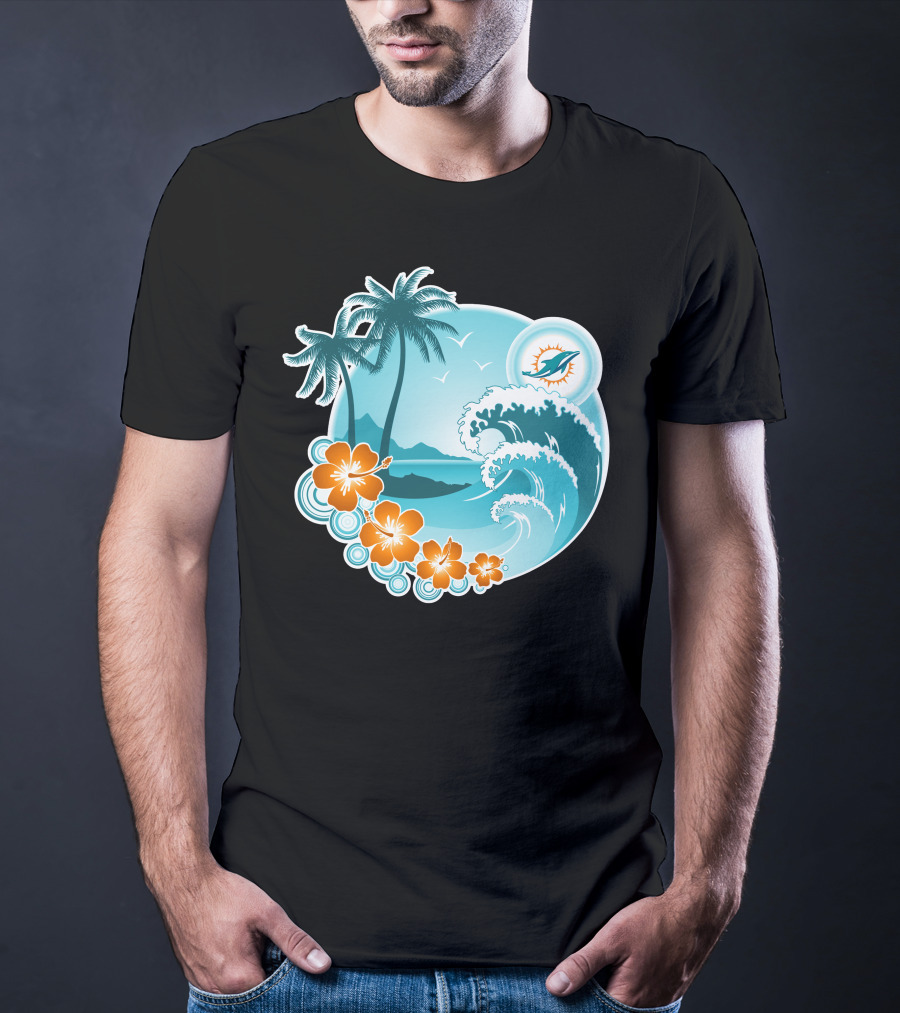 Miami Dolphins Happy Holidays Tropical Wave And Palm Trees Scene T-Shirt