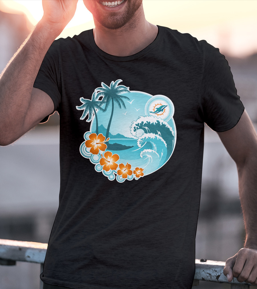 Miami Dolphins Happy Holidays Tropical Wave And Palm Trees Scene T-Shirt