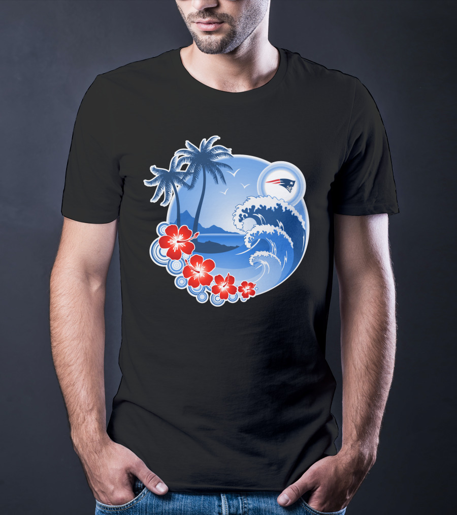 New England Patriots Tropical Beach Waves And Palm Trees Scene T-Shirt