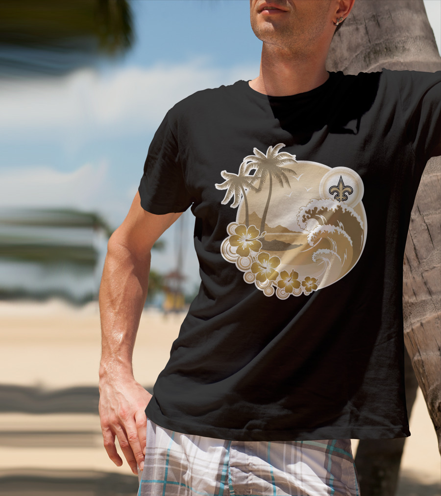 New Orleans Saints Happy Holidays Fleur-De-Lis Tropical Scene T-Shirt