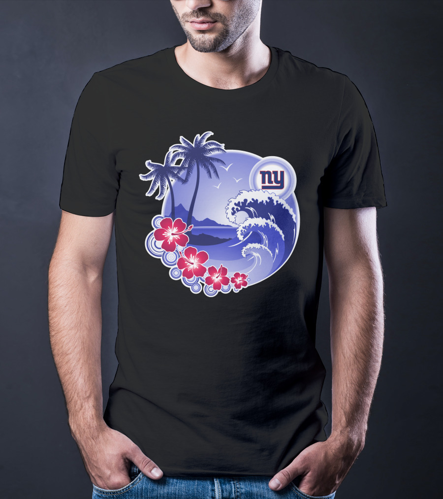 New York Giants Tropical Island Wave And Palm Trees T-Shirt