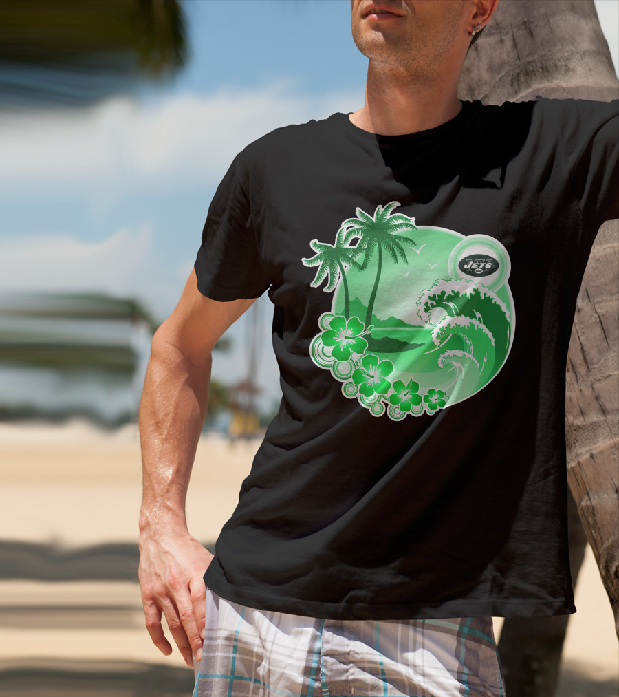 New York Jets Happy Holidays Tropical Waves And Palm Trees T-Shirt