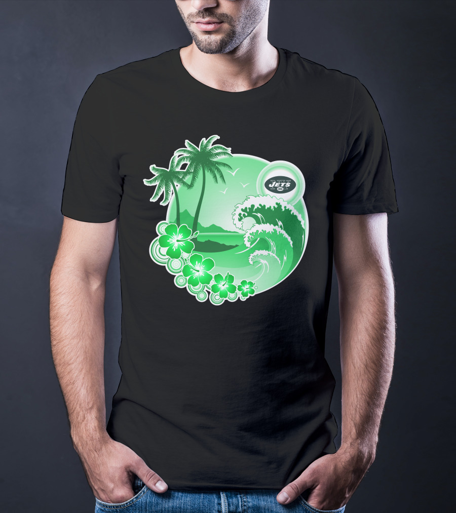 New York Jets Happy Holidays Tropical Waves And Palm Trees T-Shirt