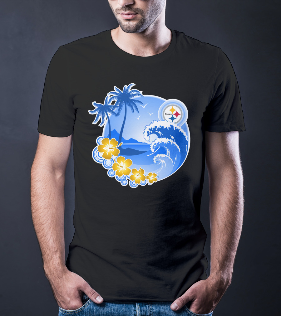 Pittsburgh Steelers Happy Holidays Tropical Waves Palm Trees Flowers T-Shirt