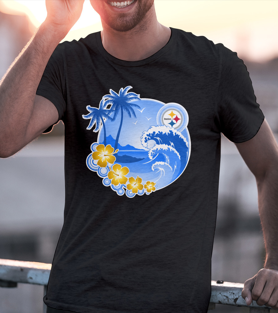 Pittsburgh Steelers Happy Holidays Tropical Waves Palm Trees Flowers T-Shirt