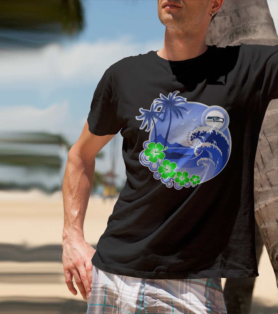 Seattle Seahawks Tropical Beach Happy Holidays Wave And Palm Trees T-Shirt