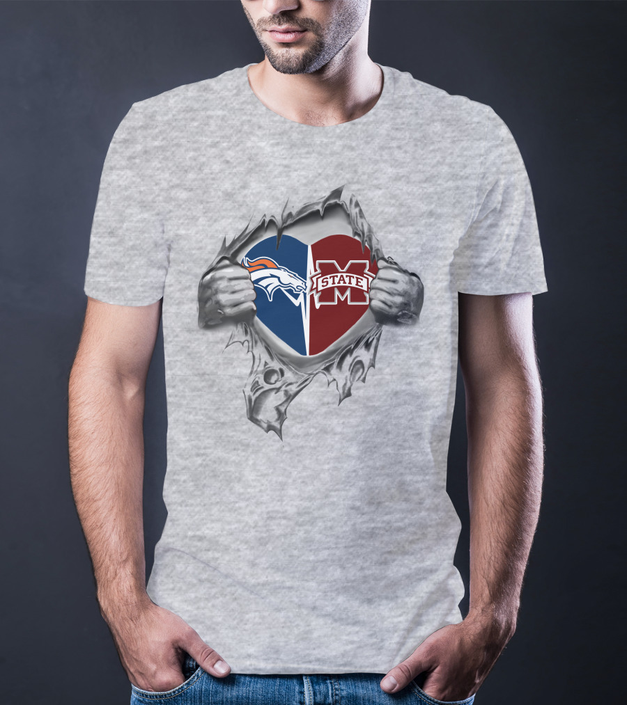 Broncos Mississippi State Bulldogs Heart Design With Team Logos T-Shirt