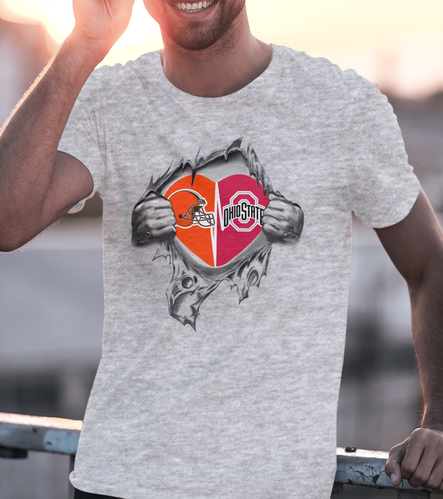 Browns And Ohio State Buckeyes Heart Inside Gray Teared T-Shirt