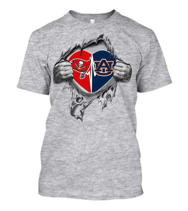 Buccaneers Auburn Tigers Heart Logos Tearing Through T-Shirt
