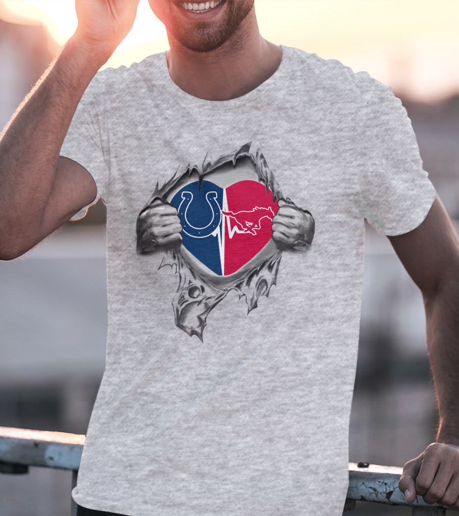 Colts Smu Mustangs Heart Logo Split By Torn Hands T-Shirt