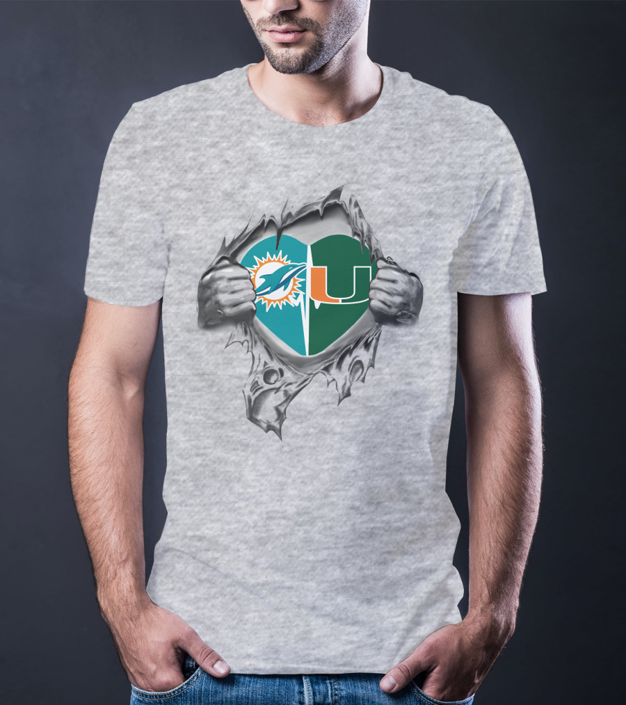 Dolphins Miami Hurricanes Heart Logo Tear T-Shirt