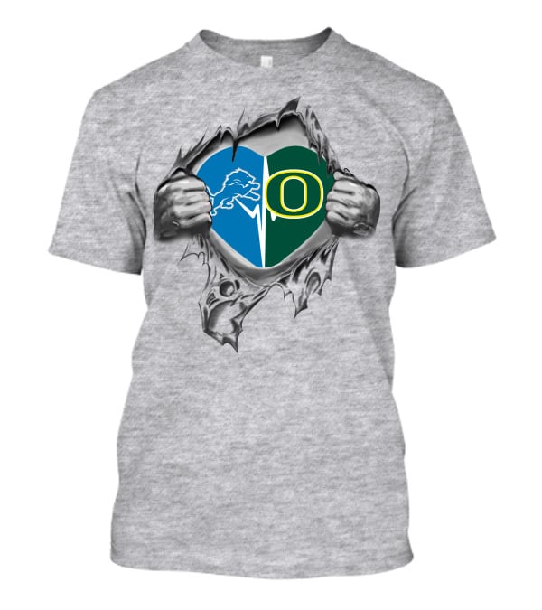 Lions Oregon Ducks Heart Design With Torn Effect And Team Logos T-Shirt