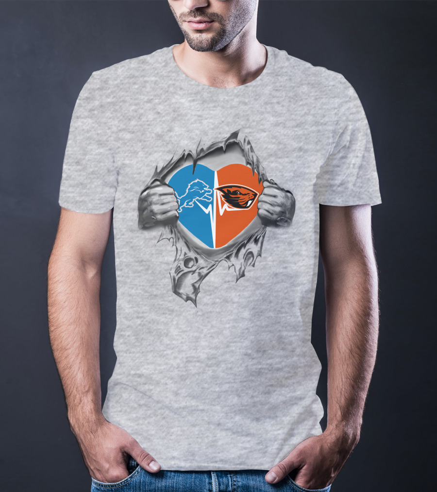 Lions Oregon State Beavers Heart Design With Logos And Ripped Hands T-Shirt