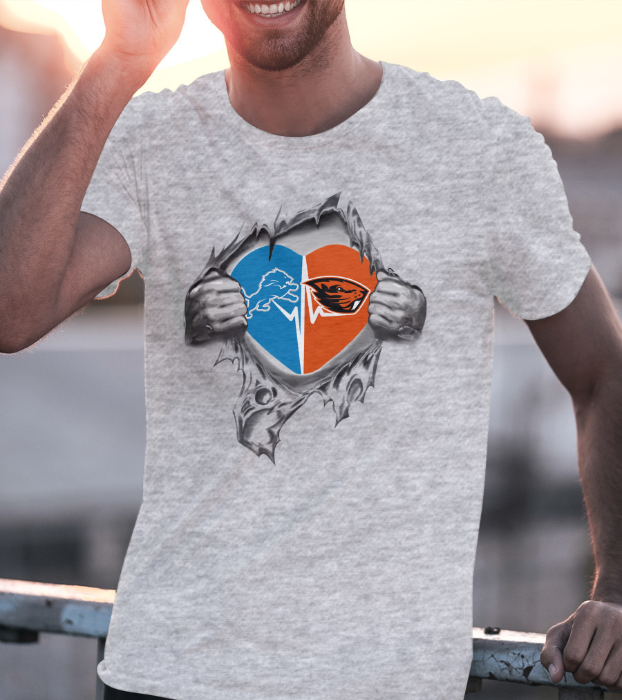 Lions Oregon State Beavers Heart Design With Logos And Ripped Hands T-Shirt