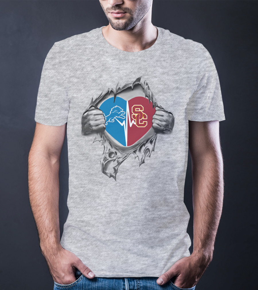 Lions Usc Trojans Heart Logo Split Pulled Open T-Shirt