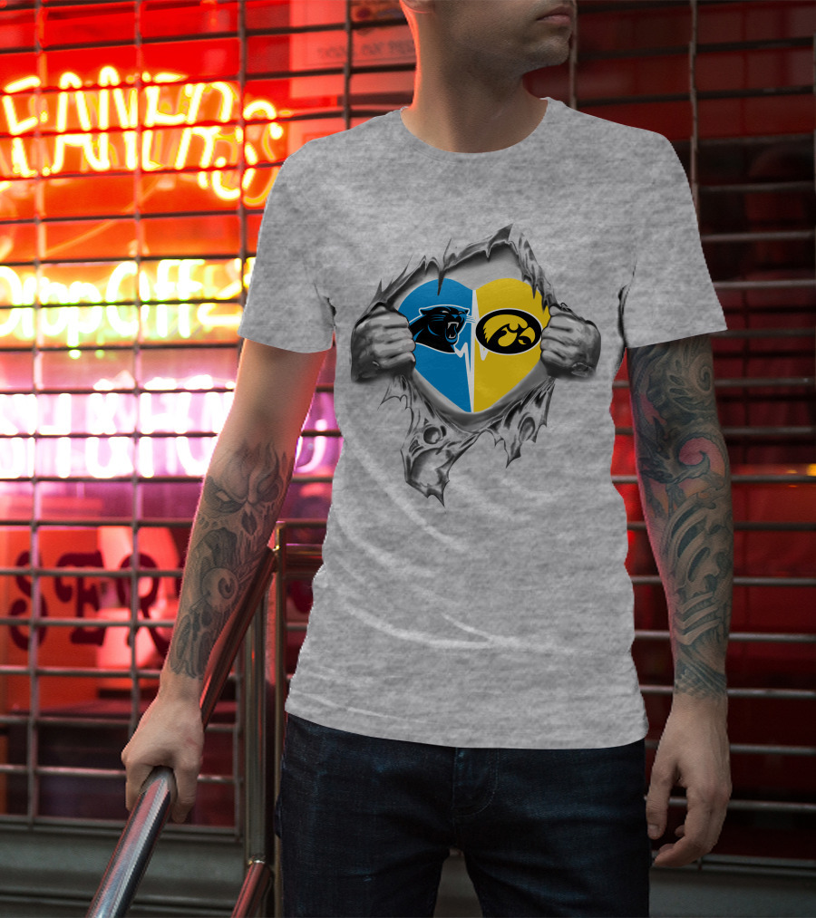 Panthers Iowa Hawkeyes Heart Design Combining Blue And Yellow Team Logos T-Shirt