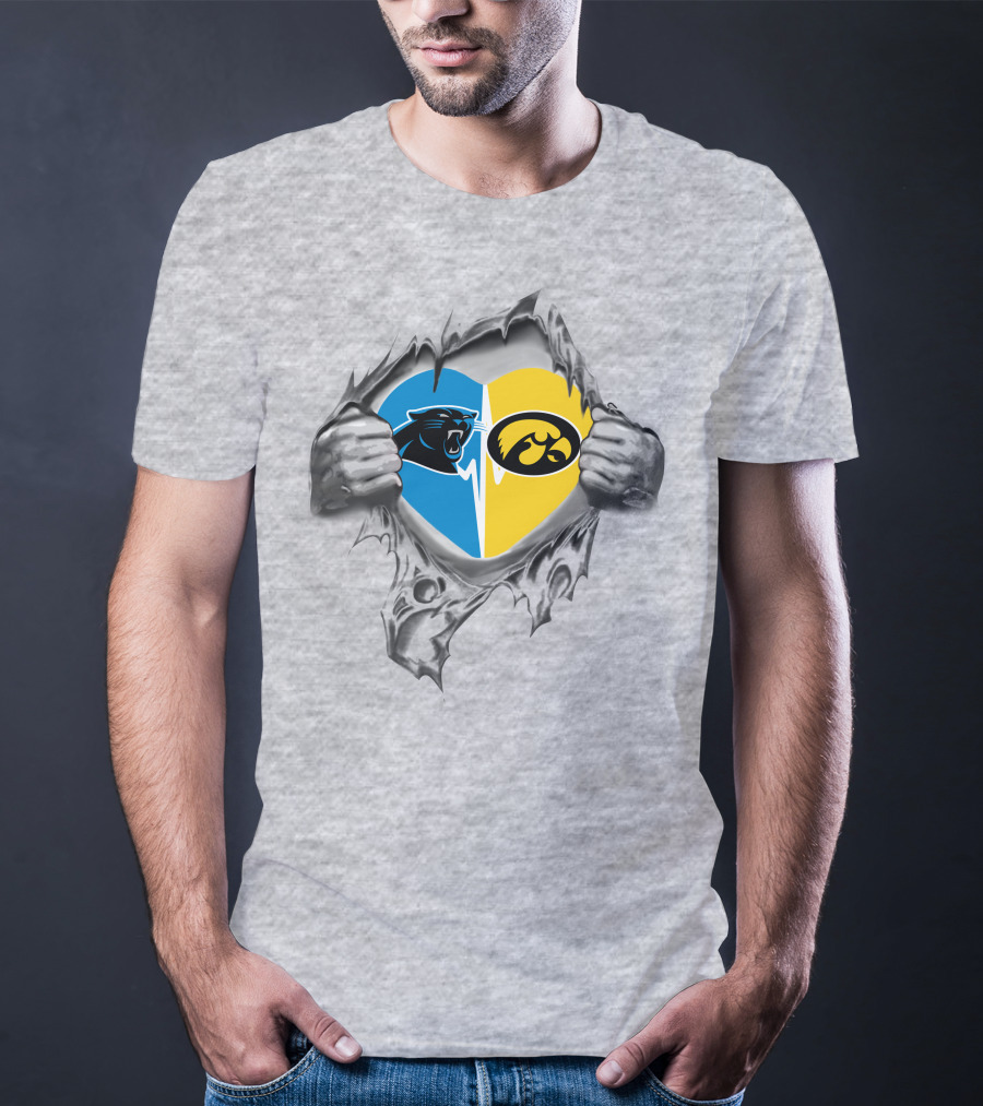 Panthers Iowa Hawkeyes Heart Design Combining Blue And Yellow Team Logos T-Shirt