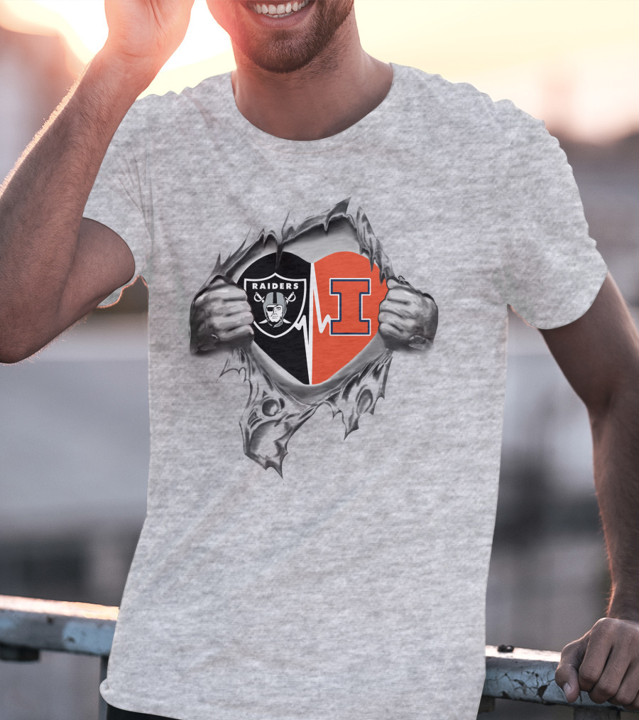Raiders Illinois Fighting Illini Heartbeat Symbol With Logos T-Shirt