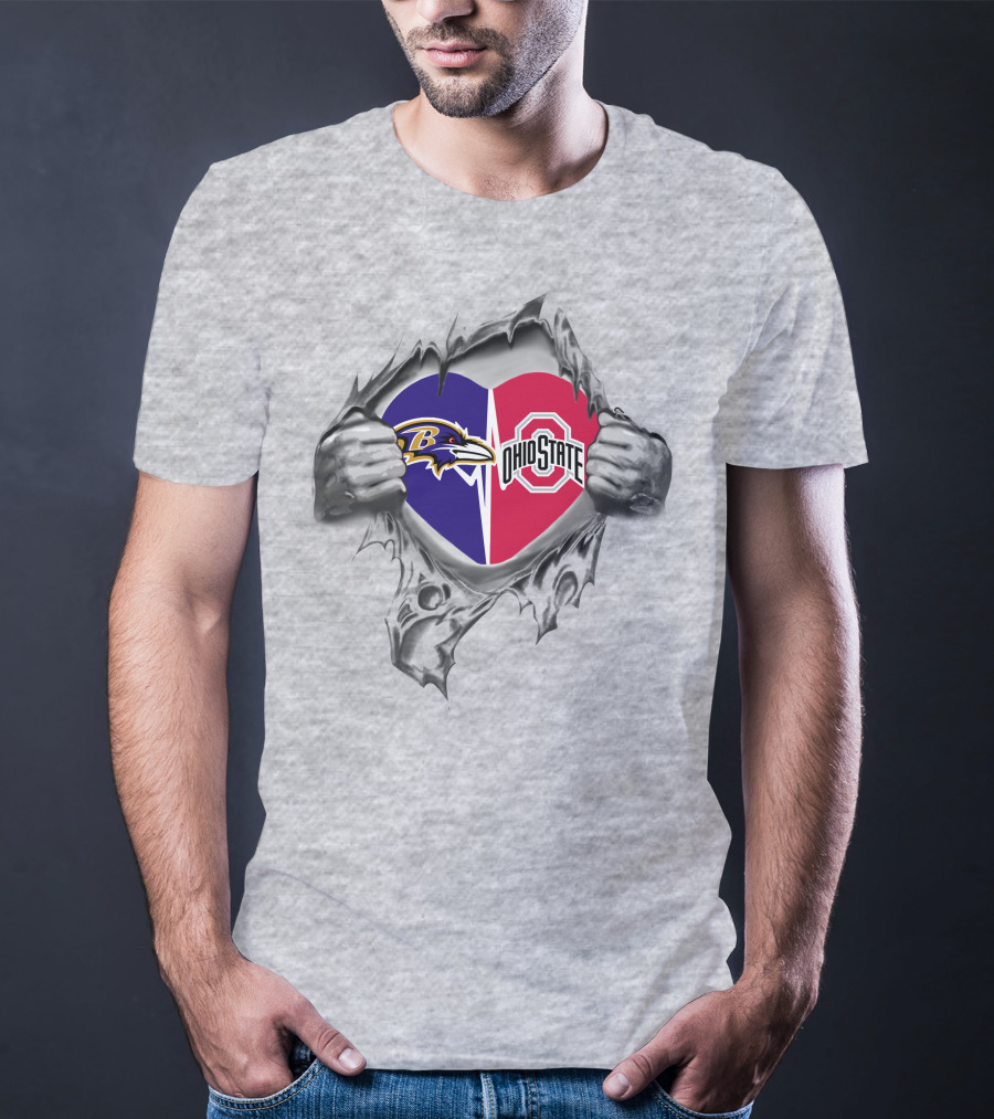 Ravens Ohio State Buckeyes Heart Design Featuring Nfl And College Logos T-Shirt