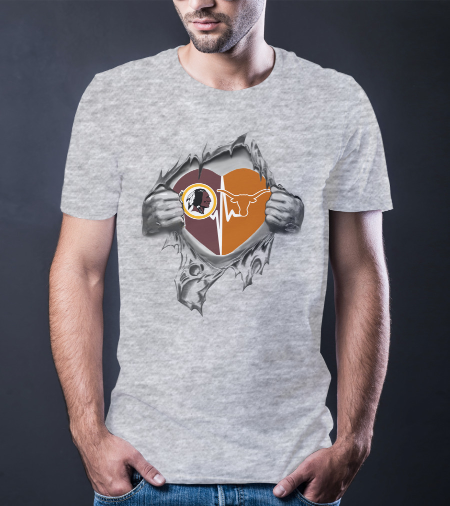 Redskins Texas Longhorns Heartbeat Design With Torn Effect T-Shirt