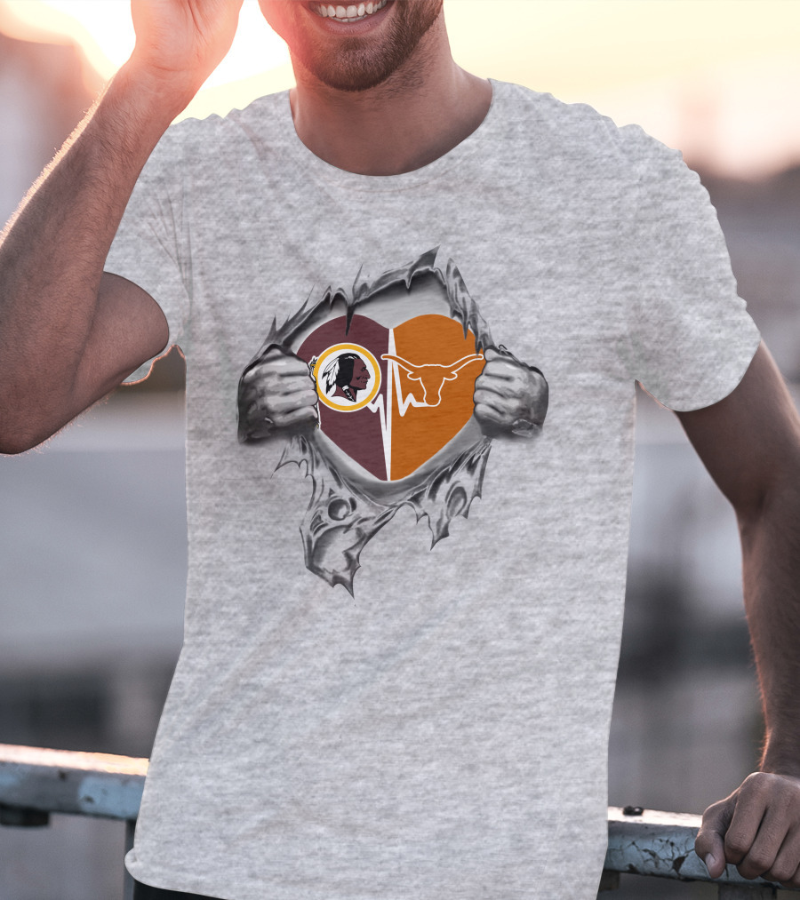 Redskins Texas Longhorns Heartbeat Design With Torn Effect T-Shirt