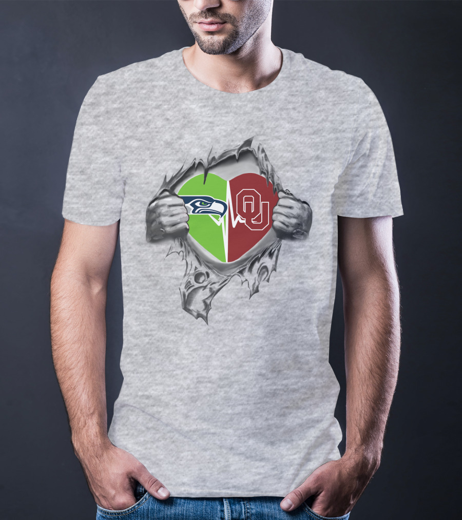Seahawks Oklahoma Sooners Heart Logo With Torn T-Shirt