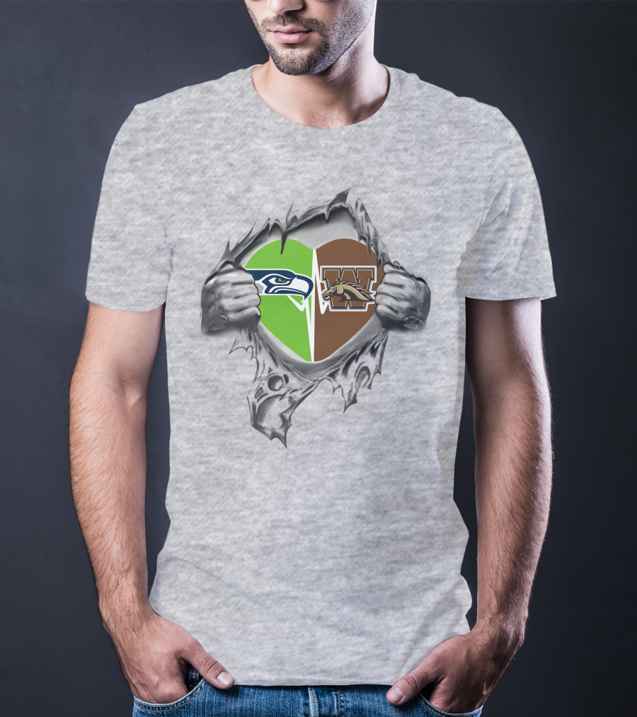 Seahawks And Western Michigan Broncos Heart Torn Open T-Shirt