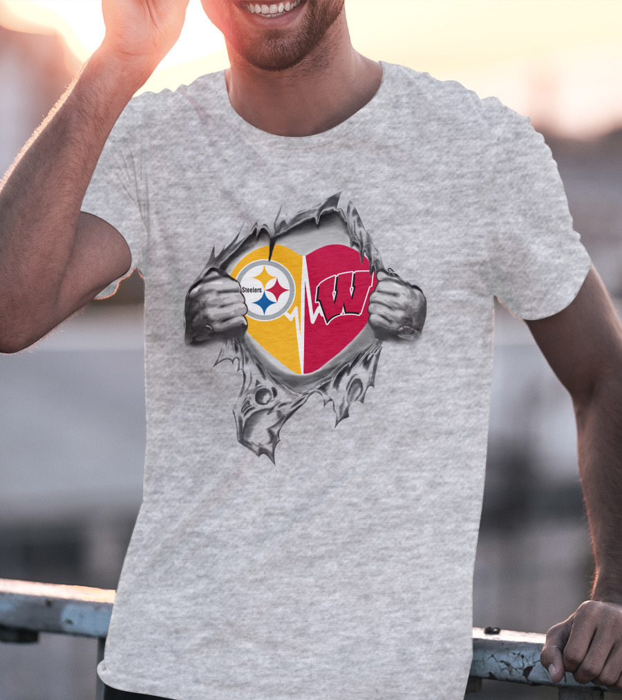Steelers Wisconsin Badgers Heart Design With Icons T-Shirt