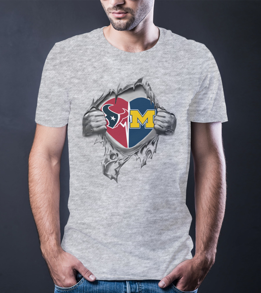 Texans Michigan Wolverines Heart Inside Revealed By Ripped Hands T-Shirt