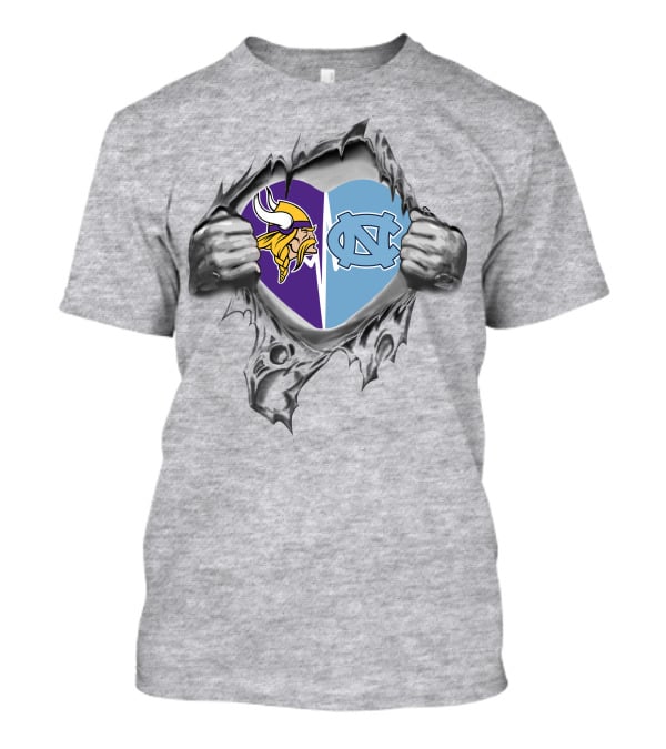 Vikings North Carolina Tar Heels It's In My Heart Logos In Torn Heart T-Shirt