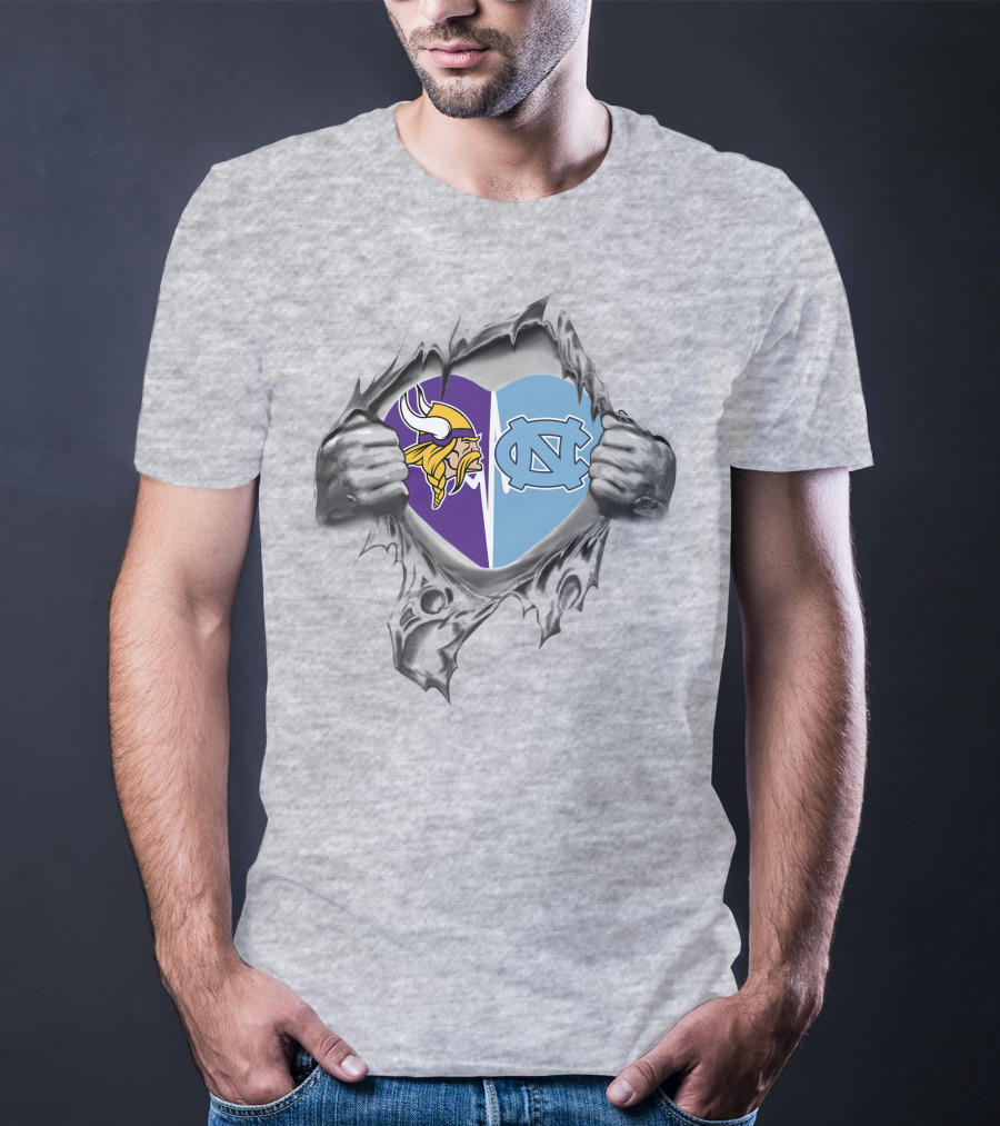 Vikings North Carolina Tar Heels It's In My Heart Logos In Torn Heart T-Shirt
