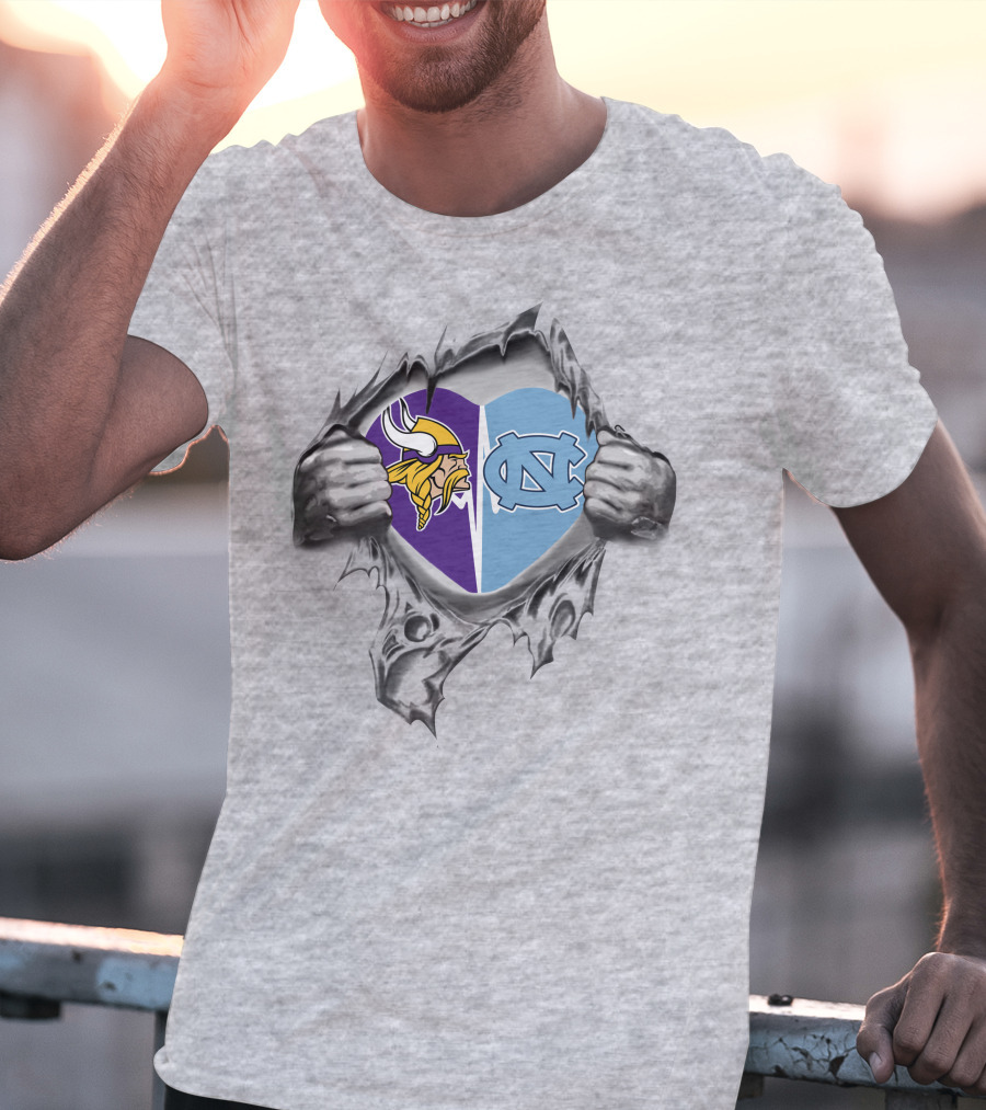 Vikings North Carolina Tar Heels It's In My Heart Logos In Torn Heart T-Shirt