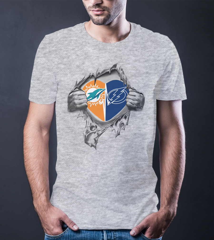 Tampa Bay Lightning Miami Dolphins Heart Symbol Unleashed T-Shirt