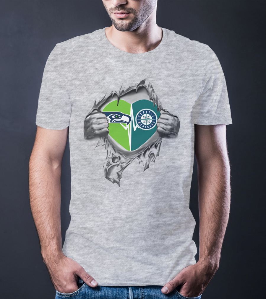 Seattle Seahawks Mariners Heart Design 48 Tear Reveal T-Shirt