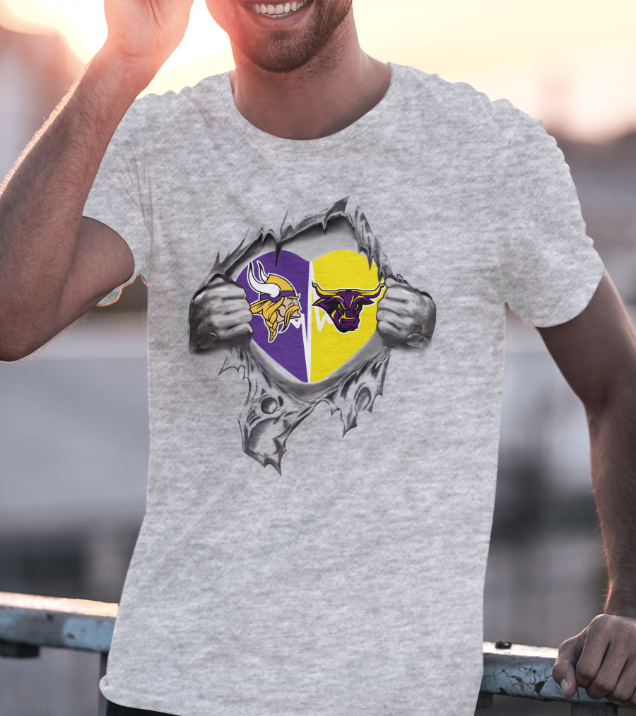 Vikings Mankato Mavericks Heart Opening Dual Logos T-Shirt