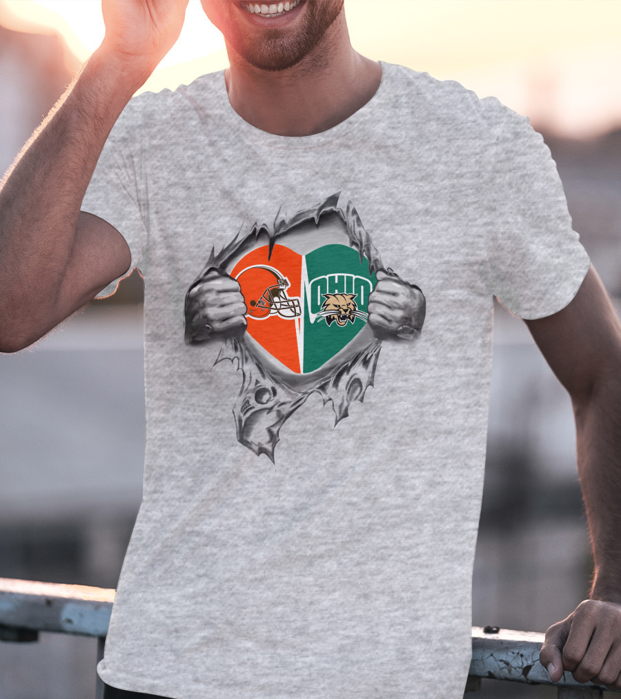 Browns Ohio Bobcats Heart Rip Football Passion T-Shirt