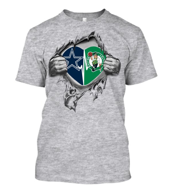 Cowboys Boston Celtics Heart Silver Torn Fabric Hands T-Shirt